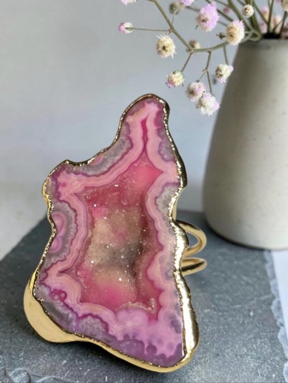 18k Gold Plated Girly Pink Lavender Genuine Sugar Crystal Geode Agate Ring